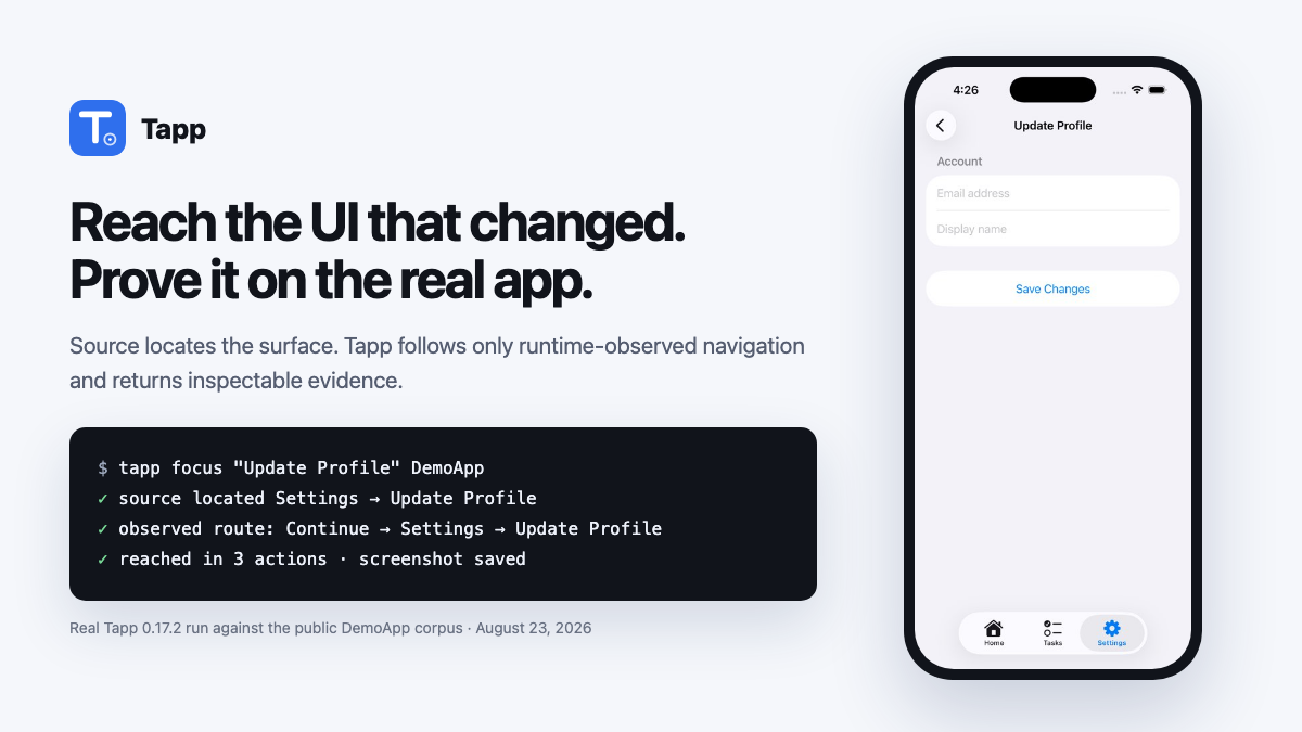 A real Tapp focus run reaches Update Profile from source and an observed route